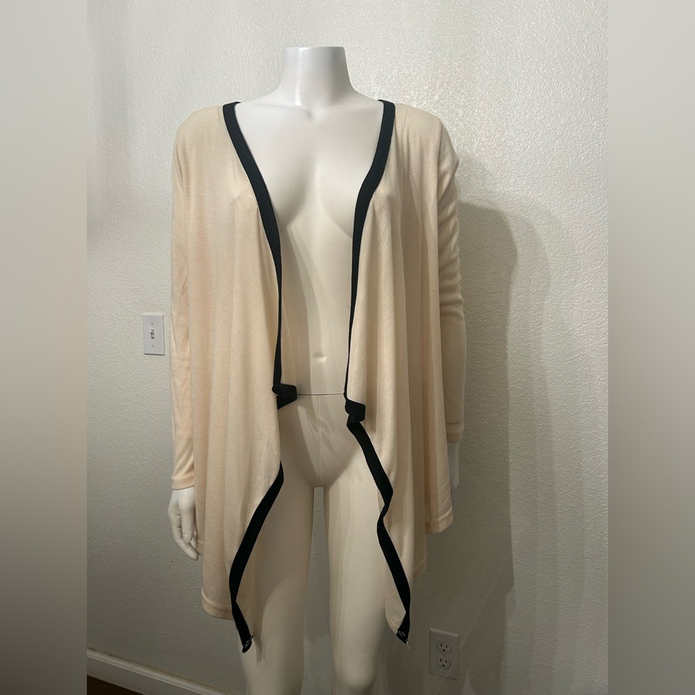 Zanzea Cream Open Front Cardigan with Black Trim